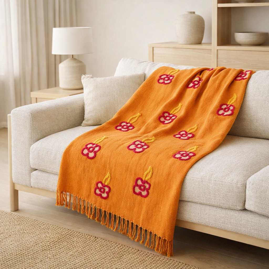 J-Line Plaid Fleurs Coton Orange/Rose/Jaune en situation