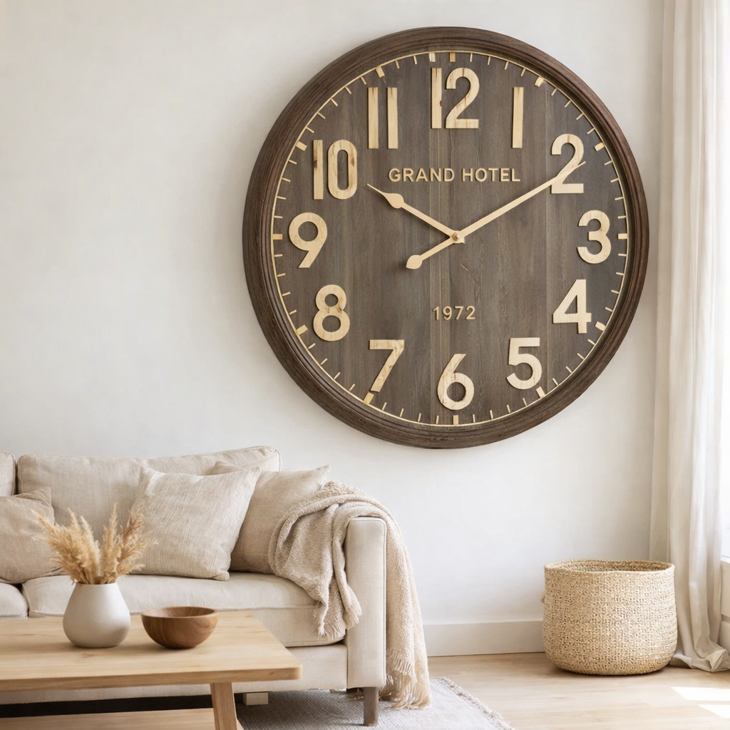 J-Line Horloge Murale Grand Hotel MDF Naturel Foncé Large en situation