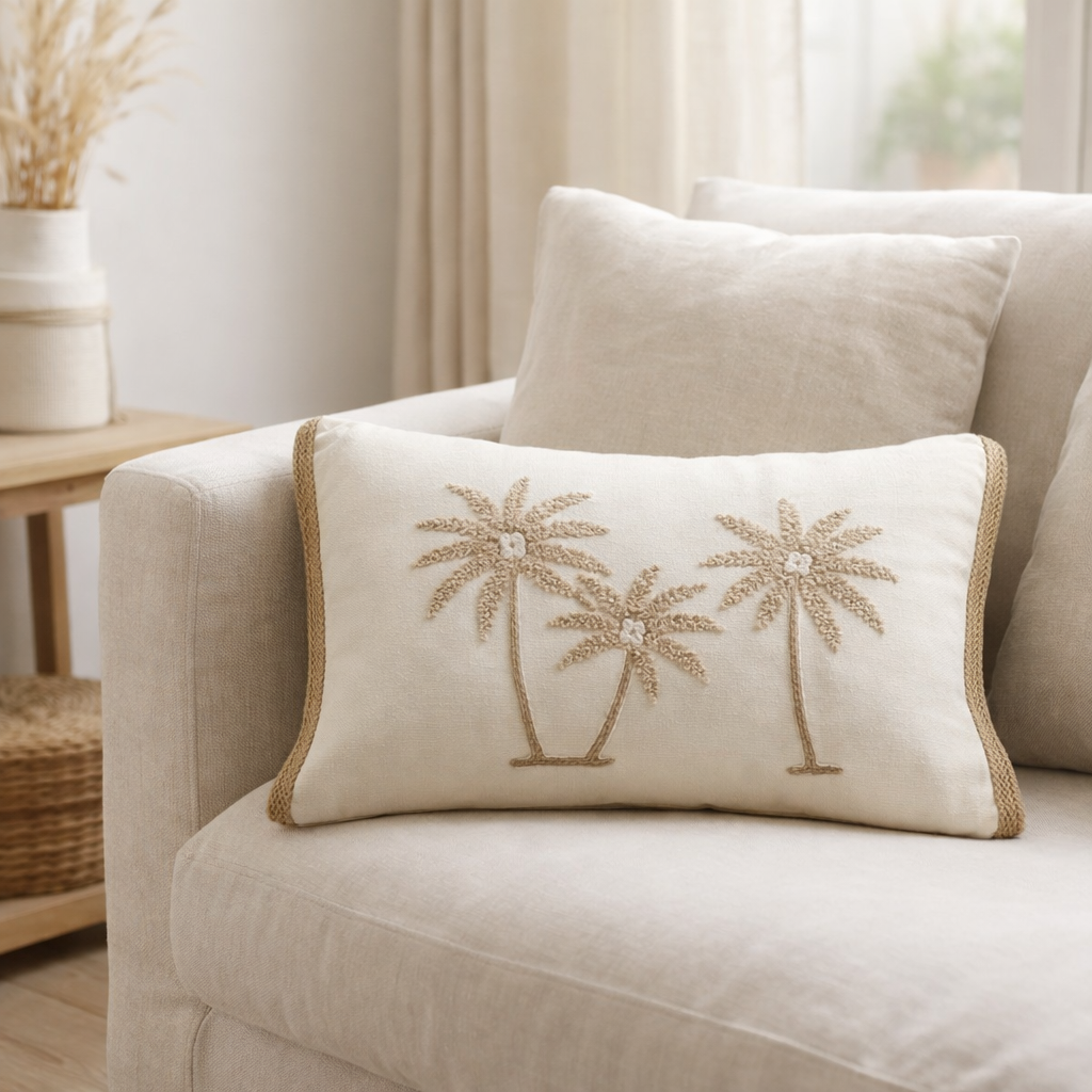 J-Line coussin Rectangle Palmiers - coton - crème/beige en situation
