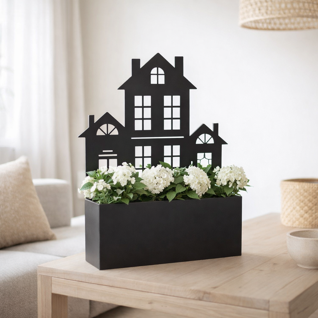 Pot de fleur J-Line House - métal - noir - grand - 47 cm de haut en situation