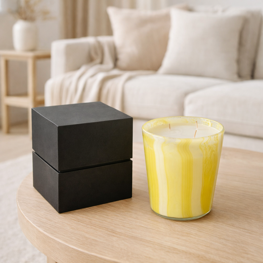 Bougie parfumée J-Line Noa Strepen - Yashioka Gardenia - jaune - M - 68U en situation