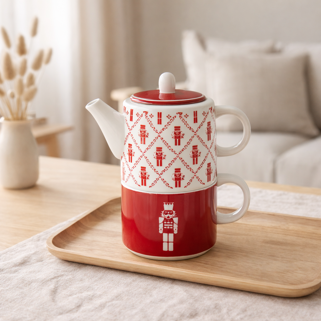 Théière + sac Casse-Noisette J-Line - céramique - rouge - coffret cadeau en situation