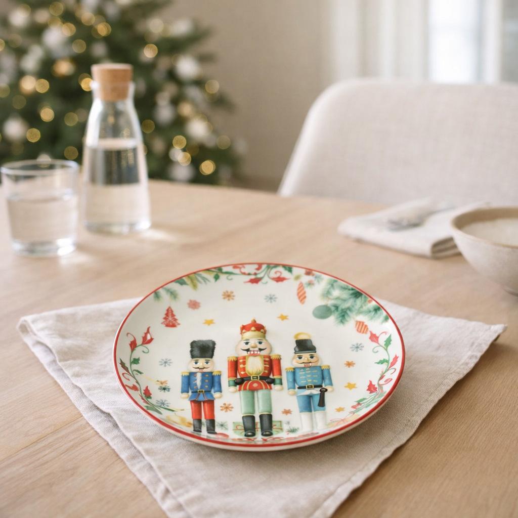 J-Line Assiette Casse-Noisette Ronde Coffret Cadeau Céramique Blanc Petit en situation