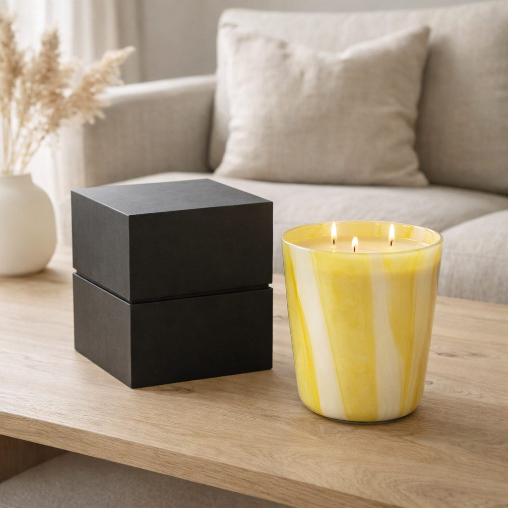 J-Line Bougie Parfumée Noa Stripes Jaune Grande -95 Heures en situation