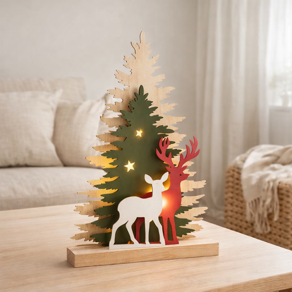 J-Line Deco Winter LED Arbres à rennes Mélange de bois en situation