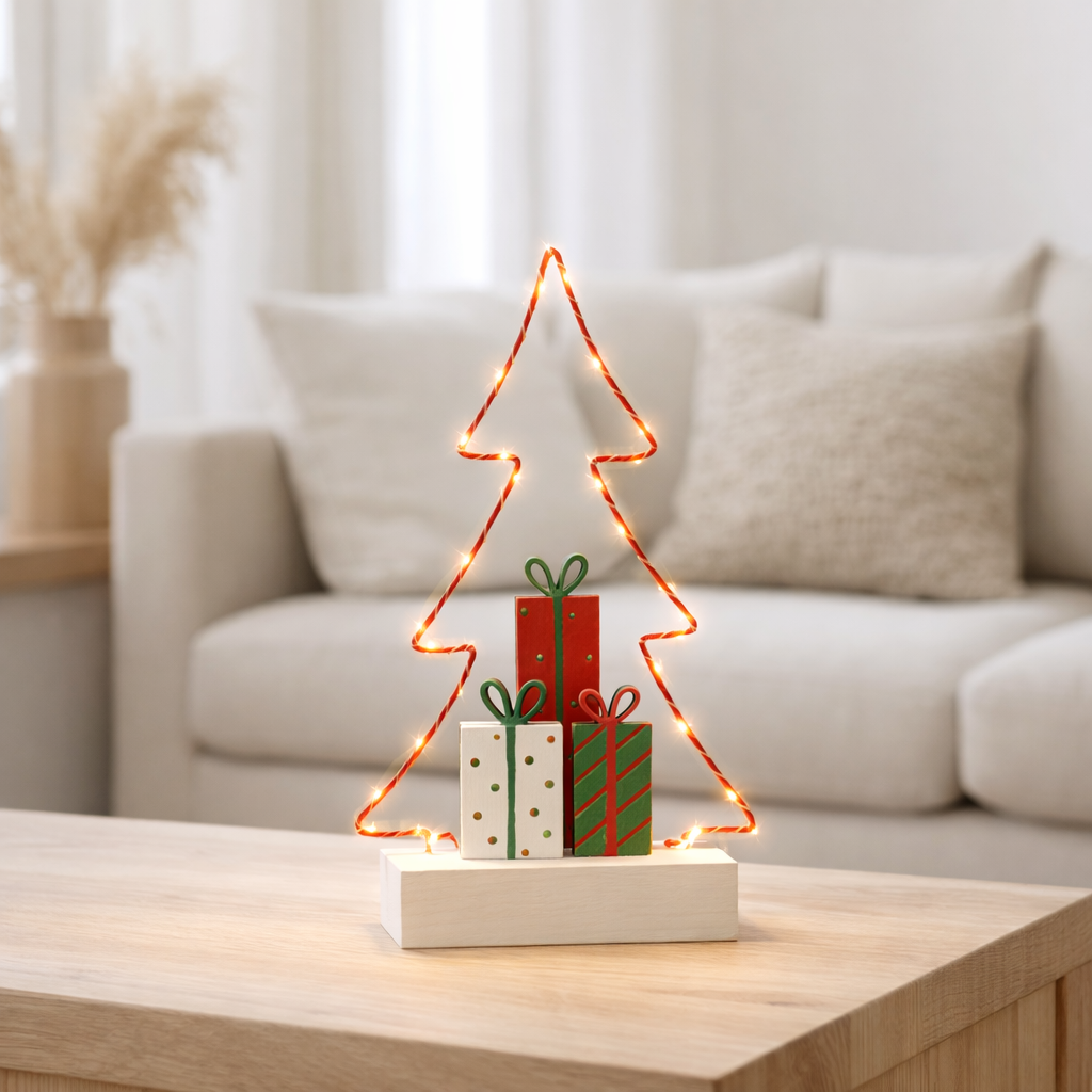 J-Line Sapin de Noël+Gifts LED Blanc/Rouge/Vert Petit en situation