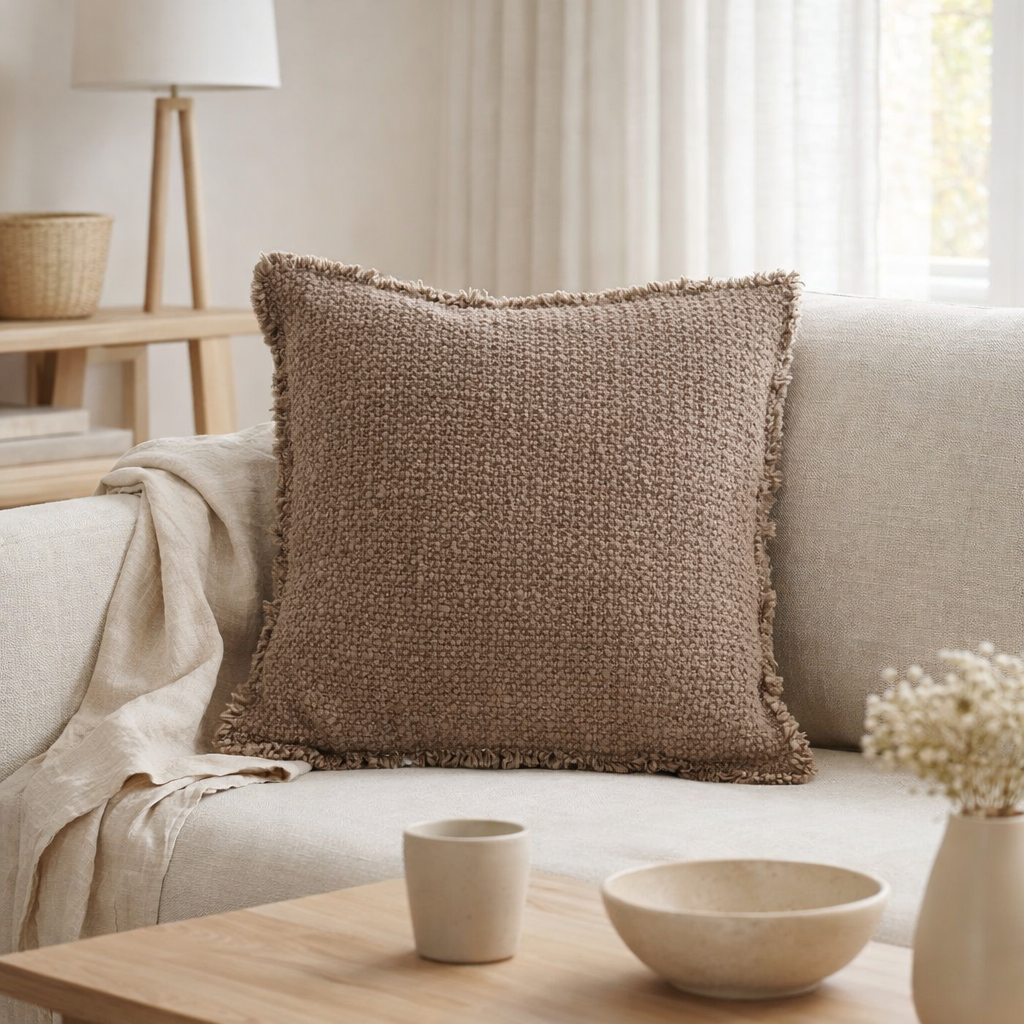 Coussin J-Line Bords Effilochés Coton/Polyester Taupe en situation