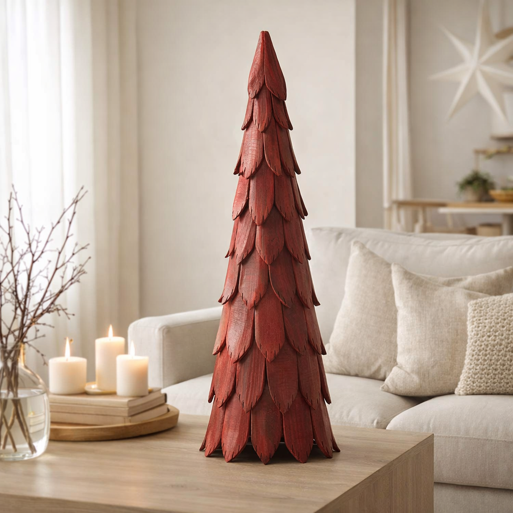 J-Line Sapin de Noël Morceaux de Bois Rouge Grand en situation