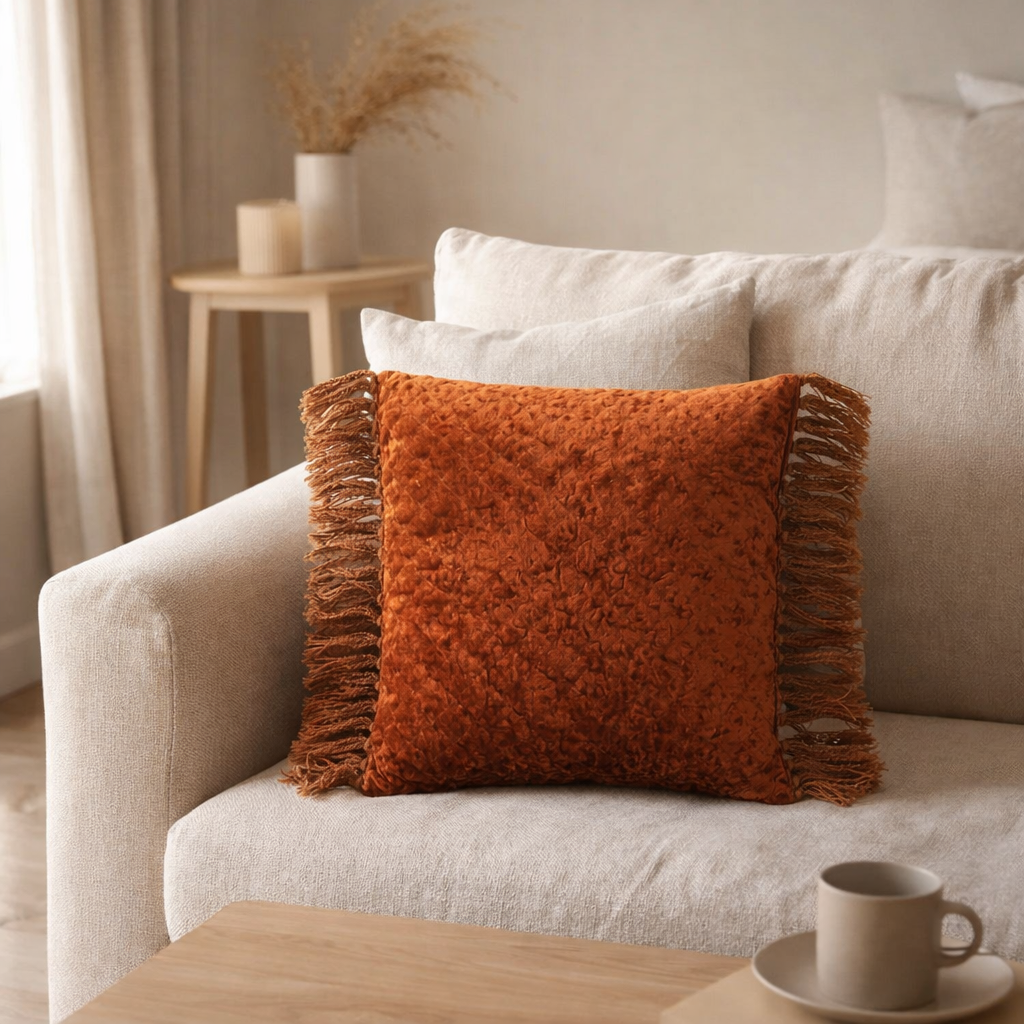Coussin J-Line Imprimé Brillant + Franges - viscose/coton - cuivre en situation