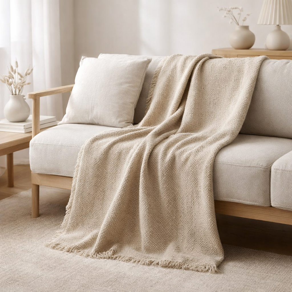 J-Line Plaid Bords Effilochés Coton/Polyester Beige en situation