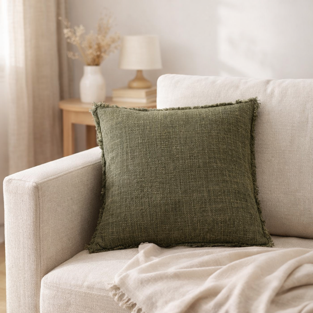Coussin J-Line Bords Effilochés Polyester/Coton Vert Foncé en situation