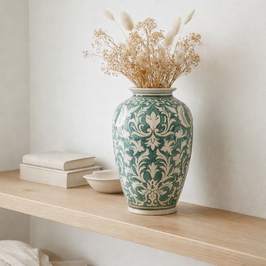 J -line Vase Victoria Amphoor - Porcelaine - Green / White - 37 cm de haut en situation
