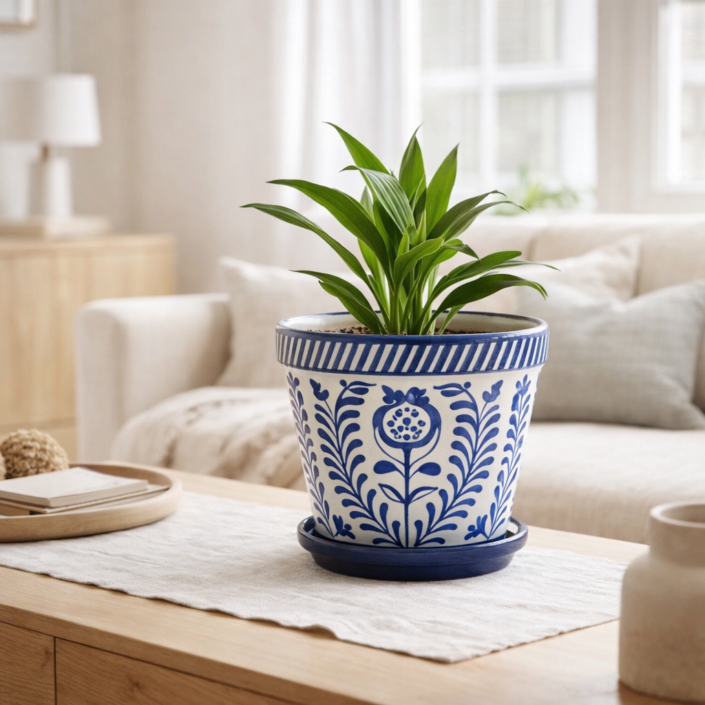 J -line Flowerpot Grenade - Céramique - Bleu - Medium - Ø 27 cm en situation