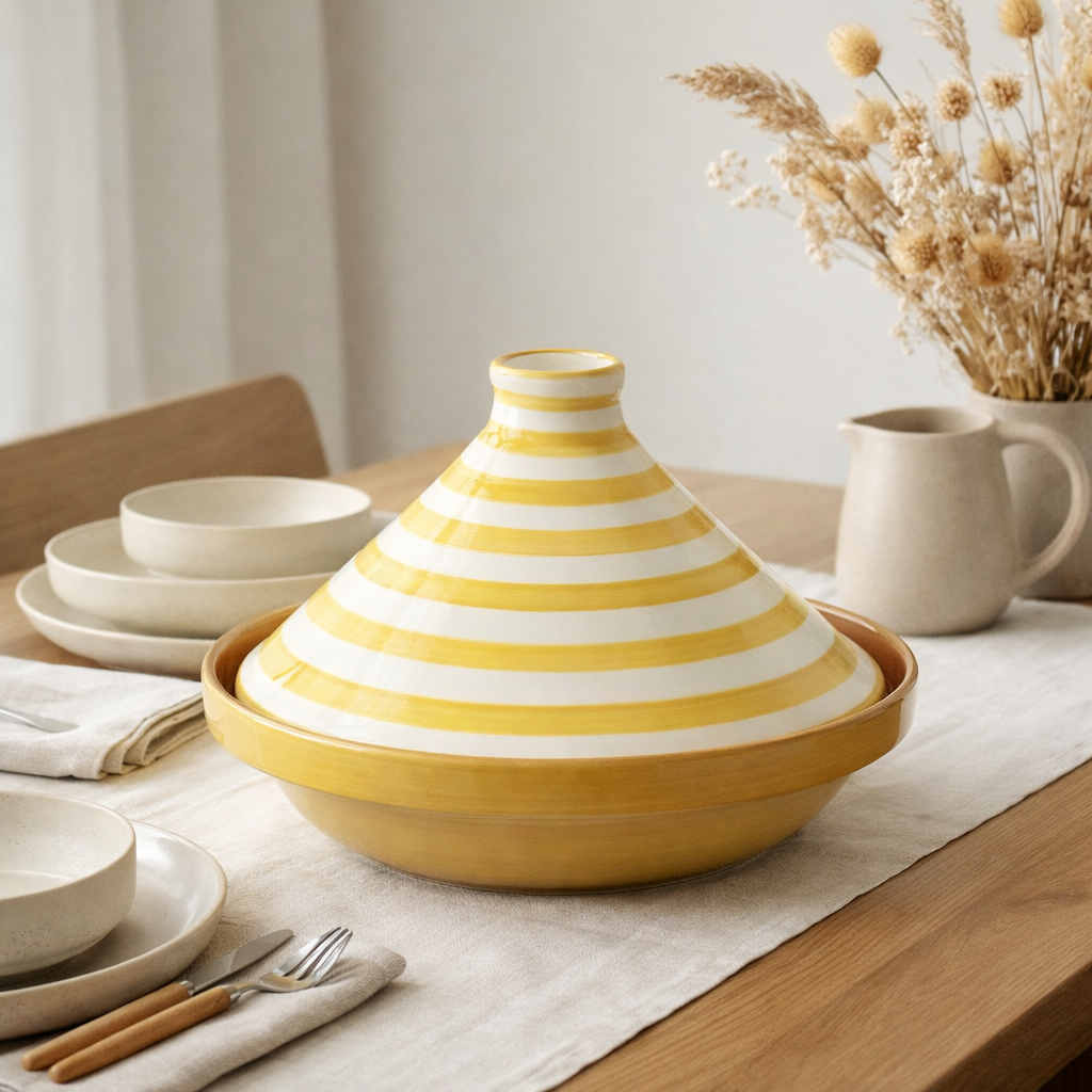 J -line Tajine Grenada Stripes - Céramique - Blanc / Jaune en situation