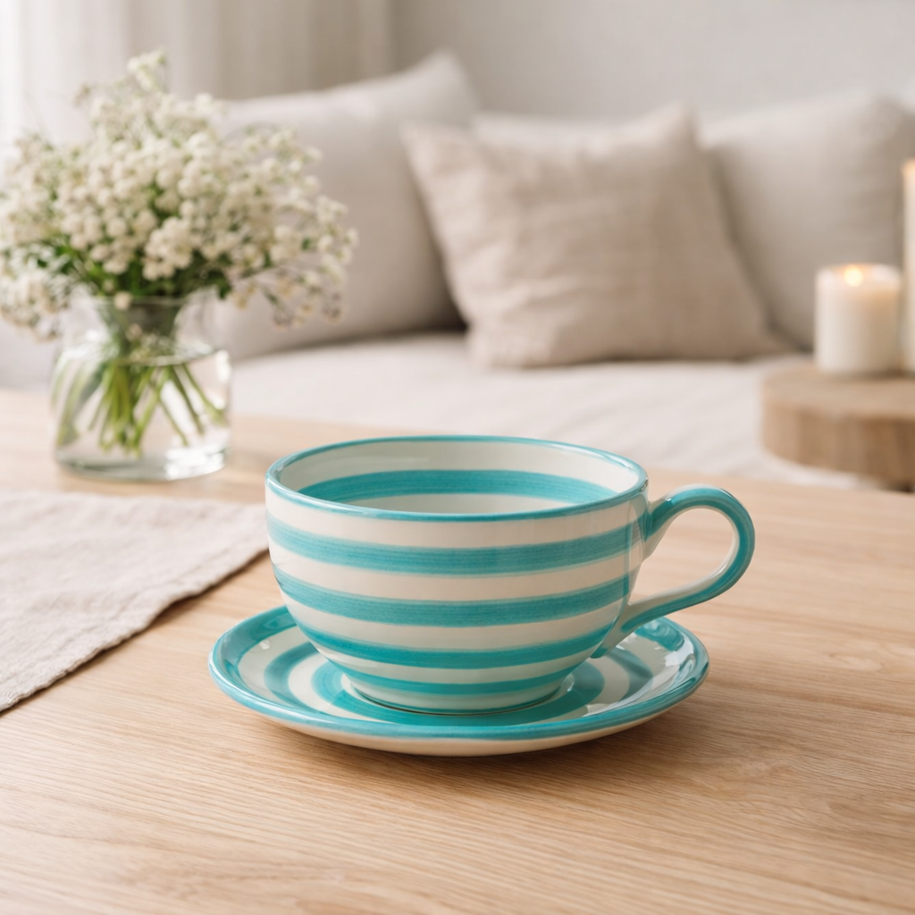 J -line Cup + Saucer Grenade Stripes - Céramique - Blanc / Aqua en situation