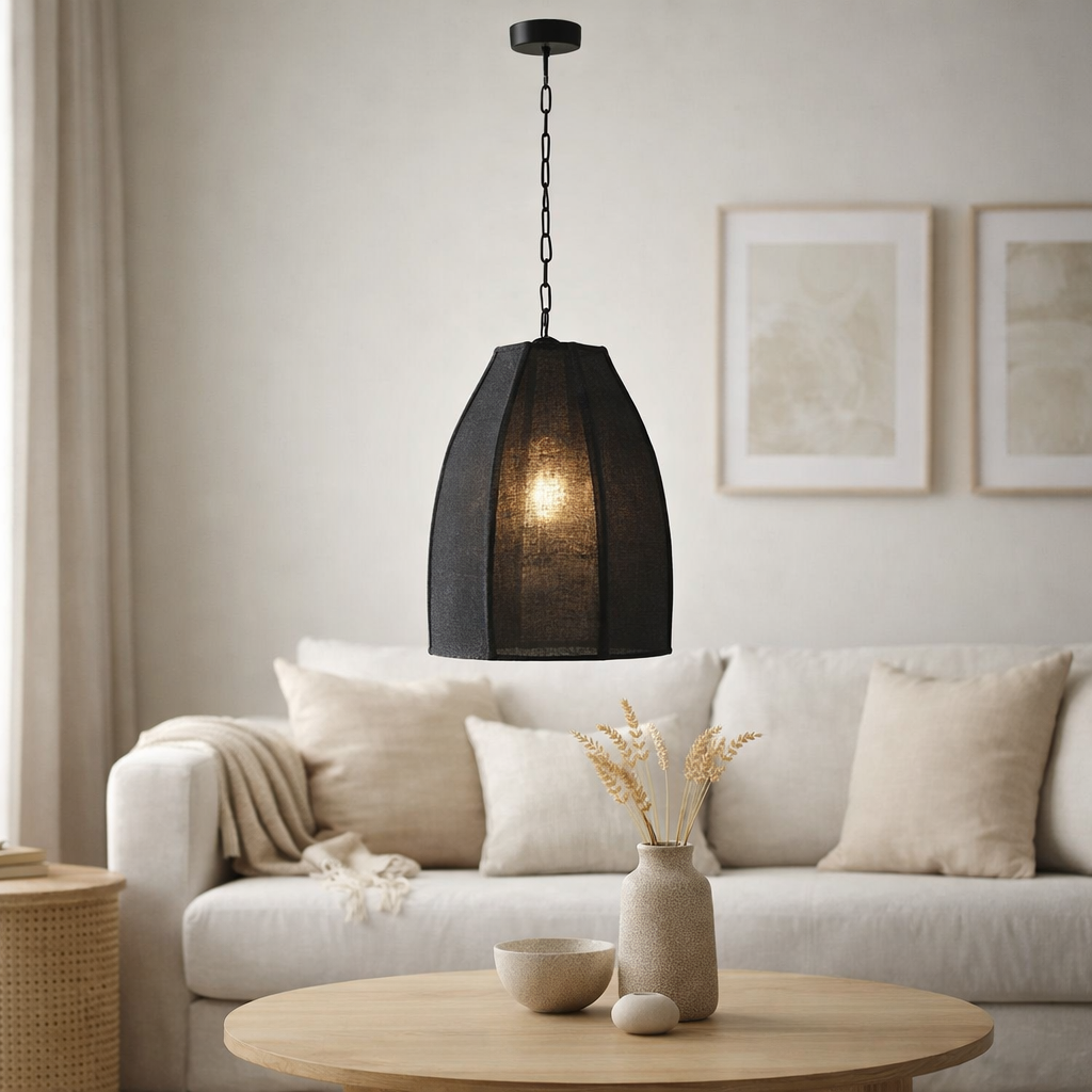 J-Line Plafonnier Poire Lin/Fer Noir Grand en situation