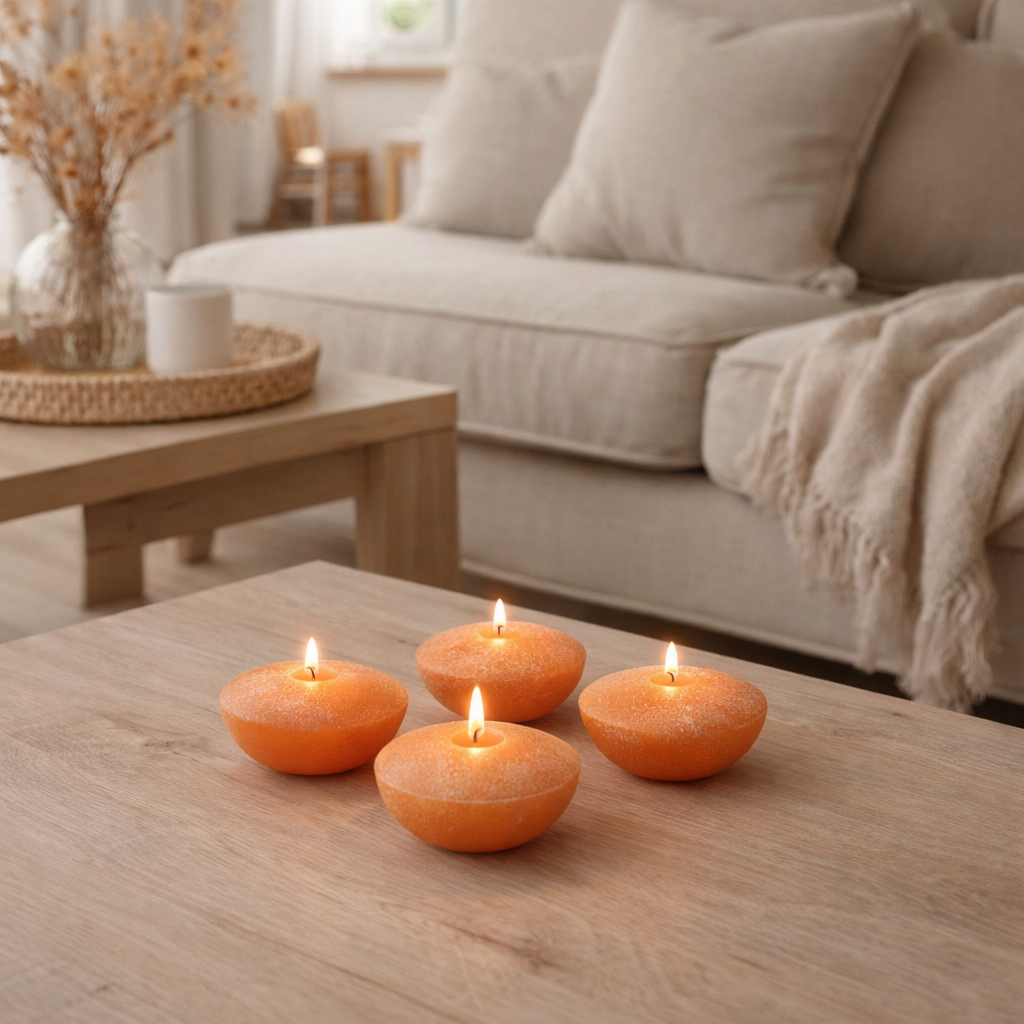 Bougie flottante J-Line - orange - grande - 8U - boîte de 4 en situation