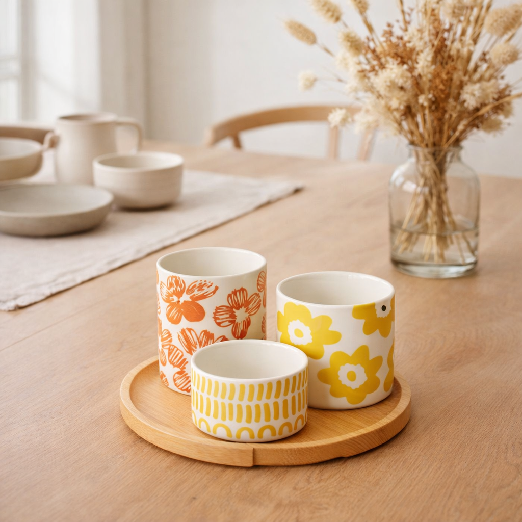 J-Line Set de 3 Bols Apéro + Plateau Bamboo Box Ceramic Mix en situation