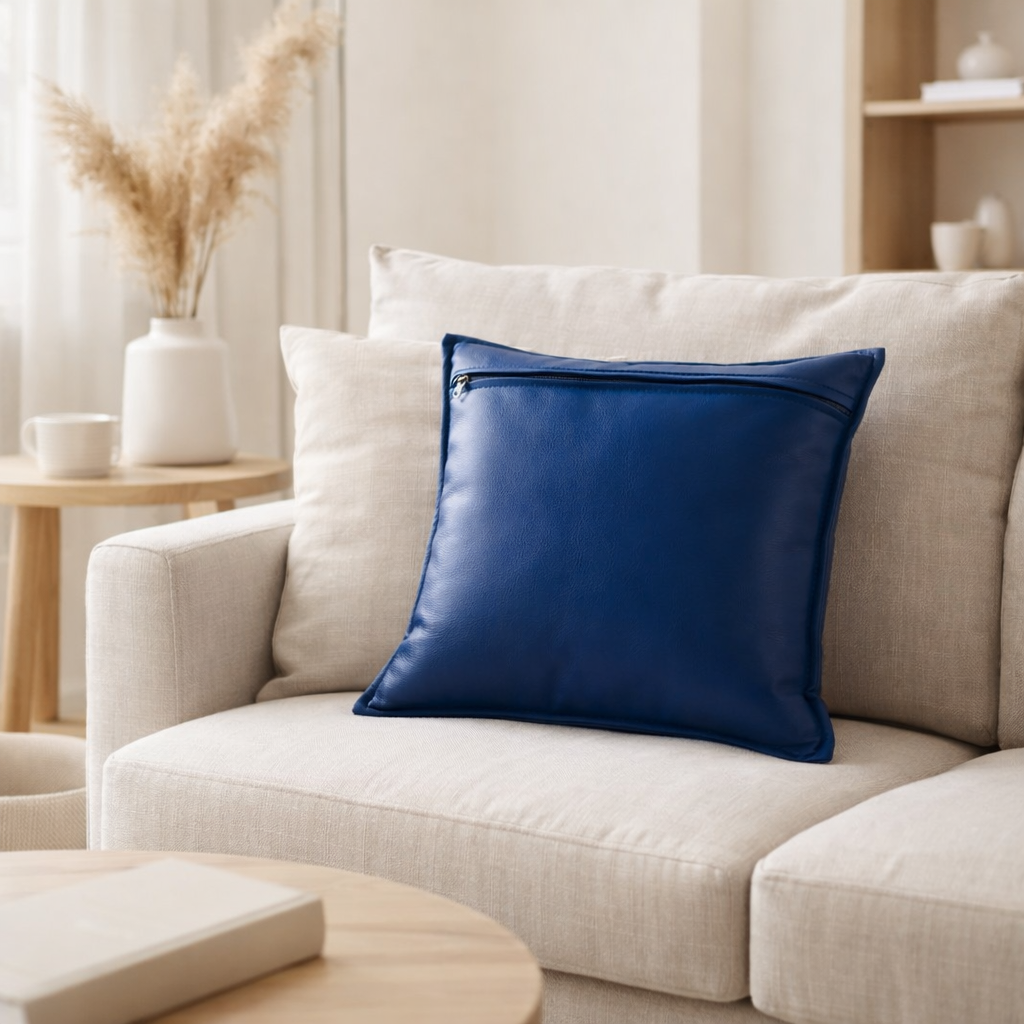 Coussin J-Line Poil de vache - cuir - bleu électrique en situation