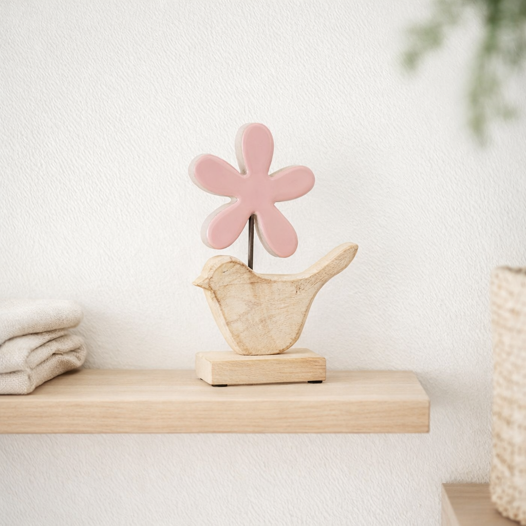 J-Line Decoration Bird avec farine - bois - rose - Small - Décoration de Pâques en situation