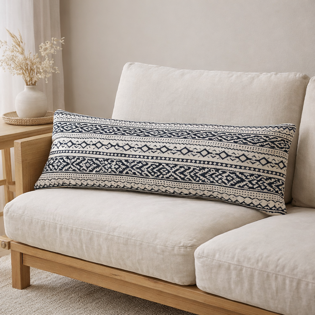 J-Line Coussin Rectangle Motifs Ethniques Coton Bleu Foncé/Blanc en situation