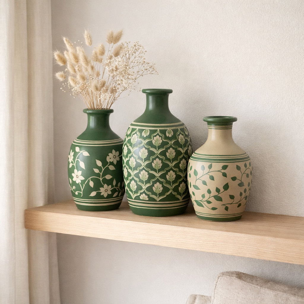 Vase J-Line Flowers + Lines Terracotta - céramique - vert/blanc en situation