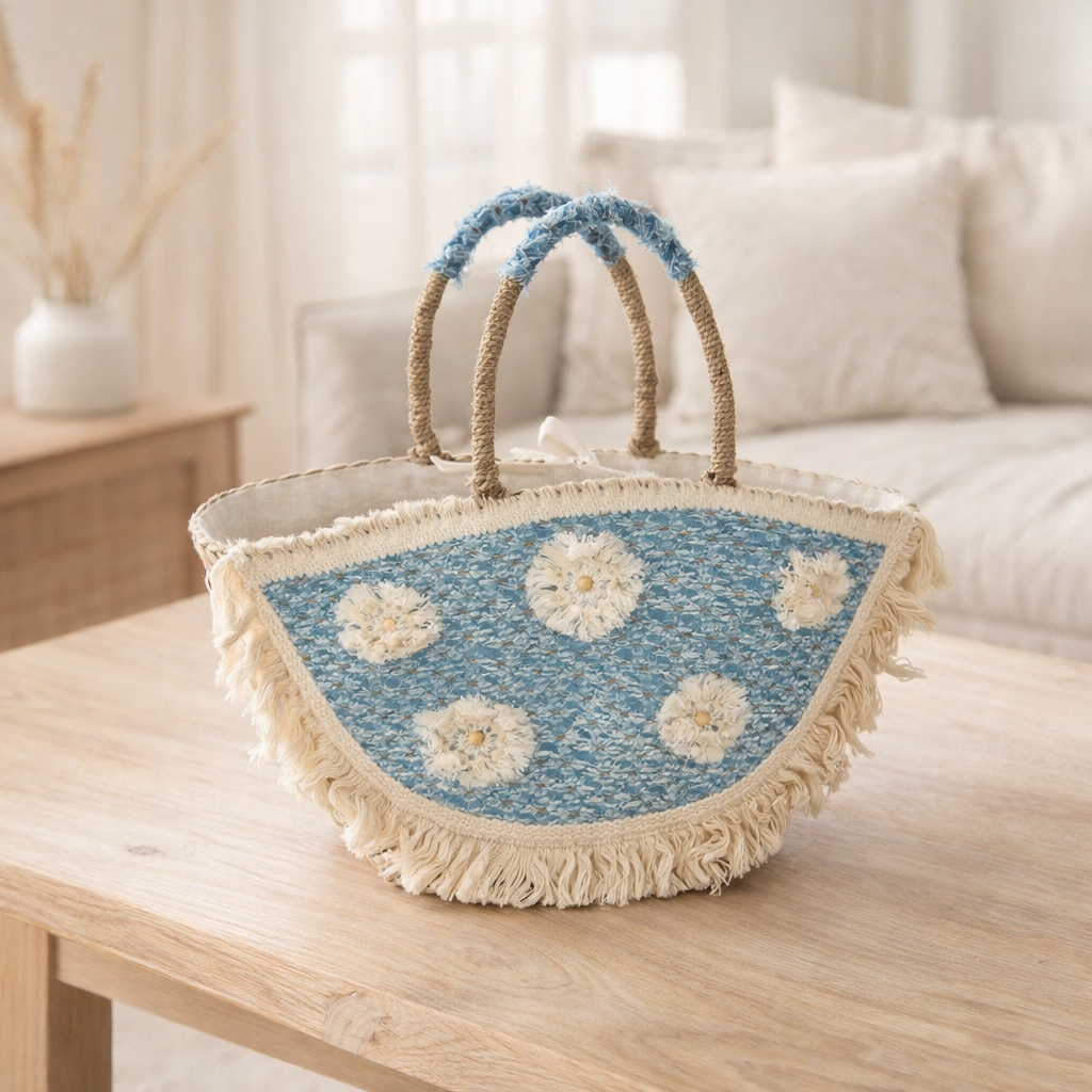J-Line Sac de Plage Fleurs+Franges Denim Seagrass Wet/Bleu en situation