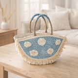 J-Line Sac de Plage Fleurs+Franges Denim Seagrass Wet/Bleu en situation