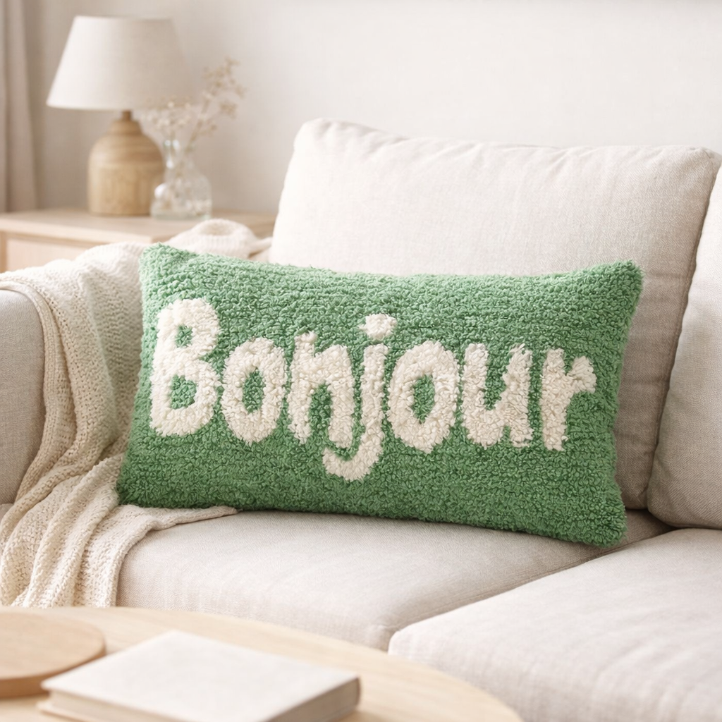 J-Line Coussin Bonjour Tufté Coton Vert/Blanc en situation