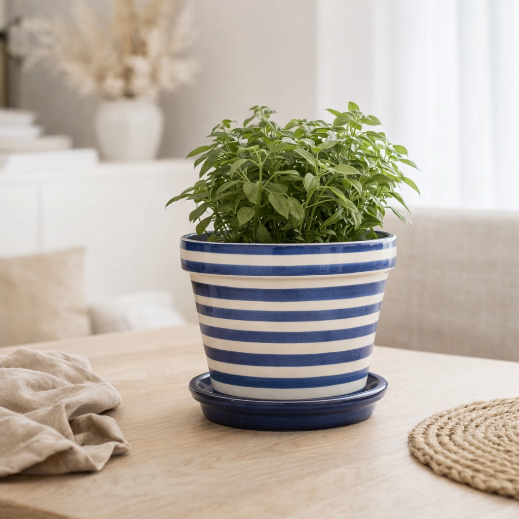 J-Line Flowerpot Granada Stripes - Céramique - Bleu - Small - Ø 21 cm en situation