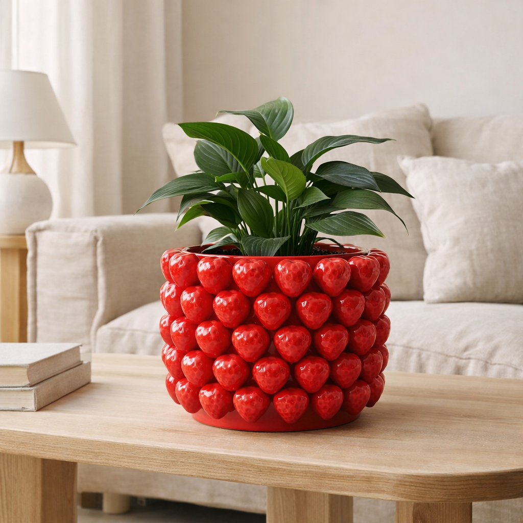 J -Line Flowerpot Strawberries - Céramique - Rouge - Grand - Ø 25 cm en situation