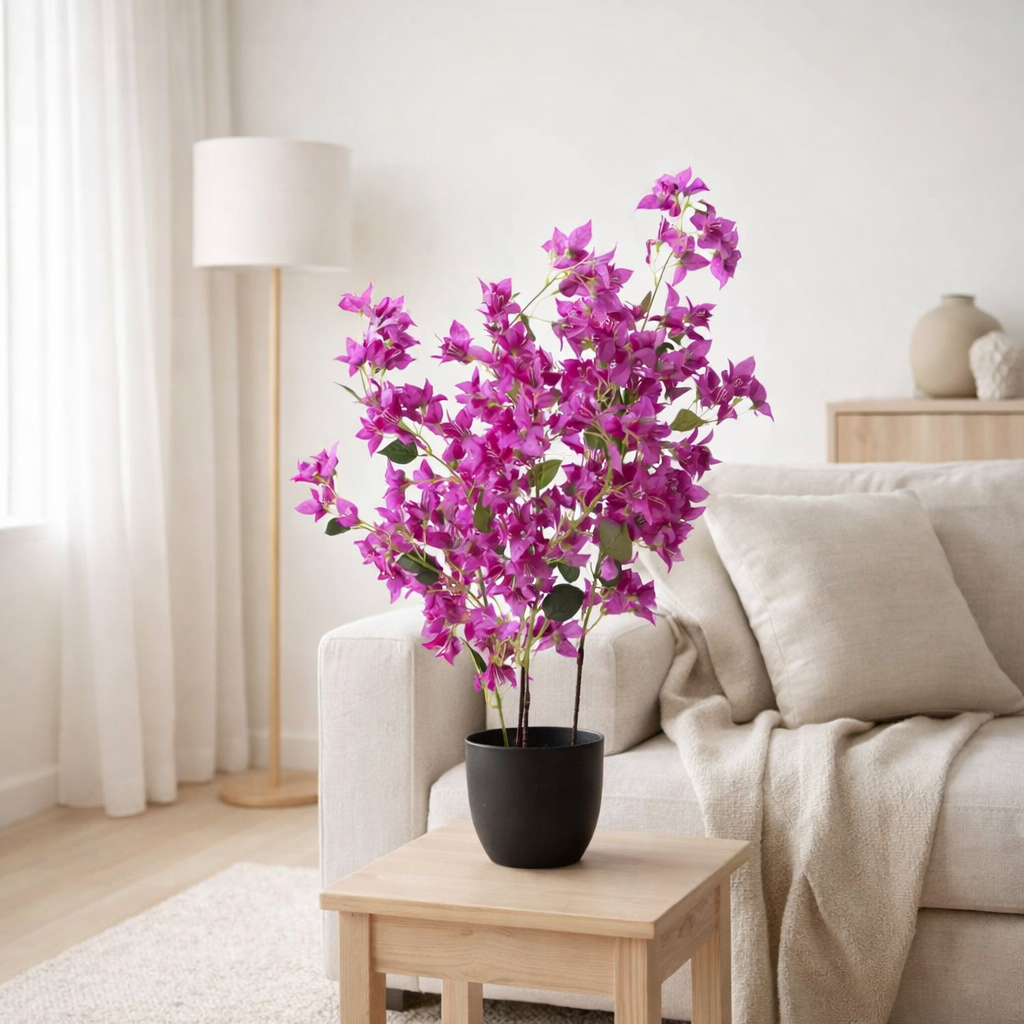 J-Line Pot de fleurs de cerisier artificiel violet en situation