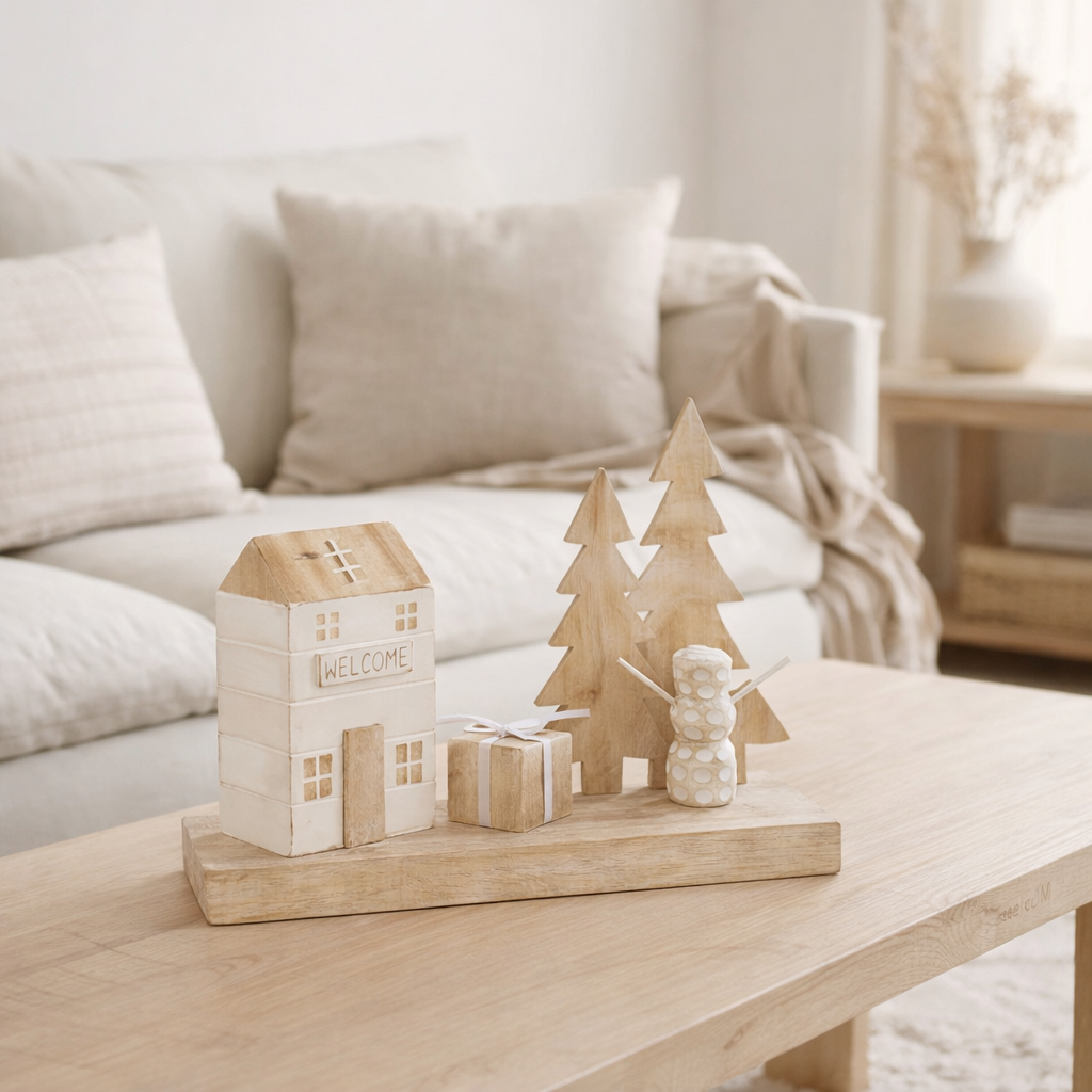 J -line Christmas Village House Boom Boom - Wood - Natural / White - 30 cm de haut en situation