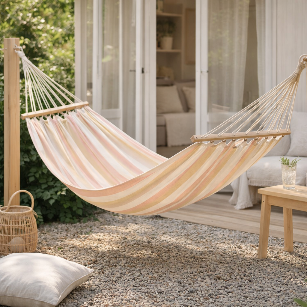 J-Line Hamac Rayures Coton/Polyester Blanc/Beige/Rose Clair en situation