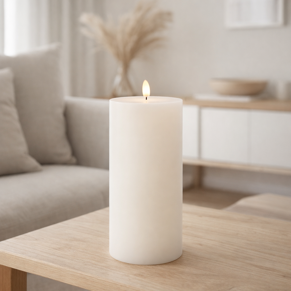 Bougie cylindrique J-Line - blanche - grande - lumières LED en situation