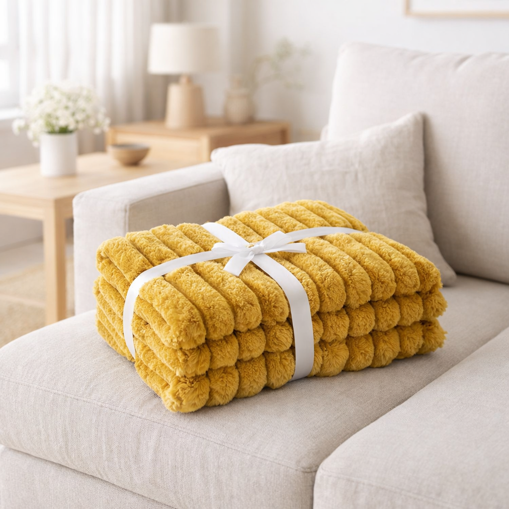 J-Line Plaid velours côtelé - polyester - ocre - 180 x 130 cm en situation