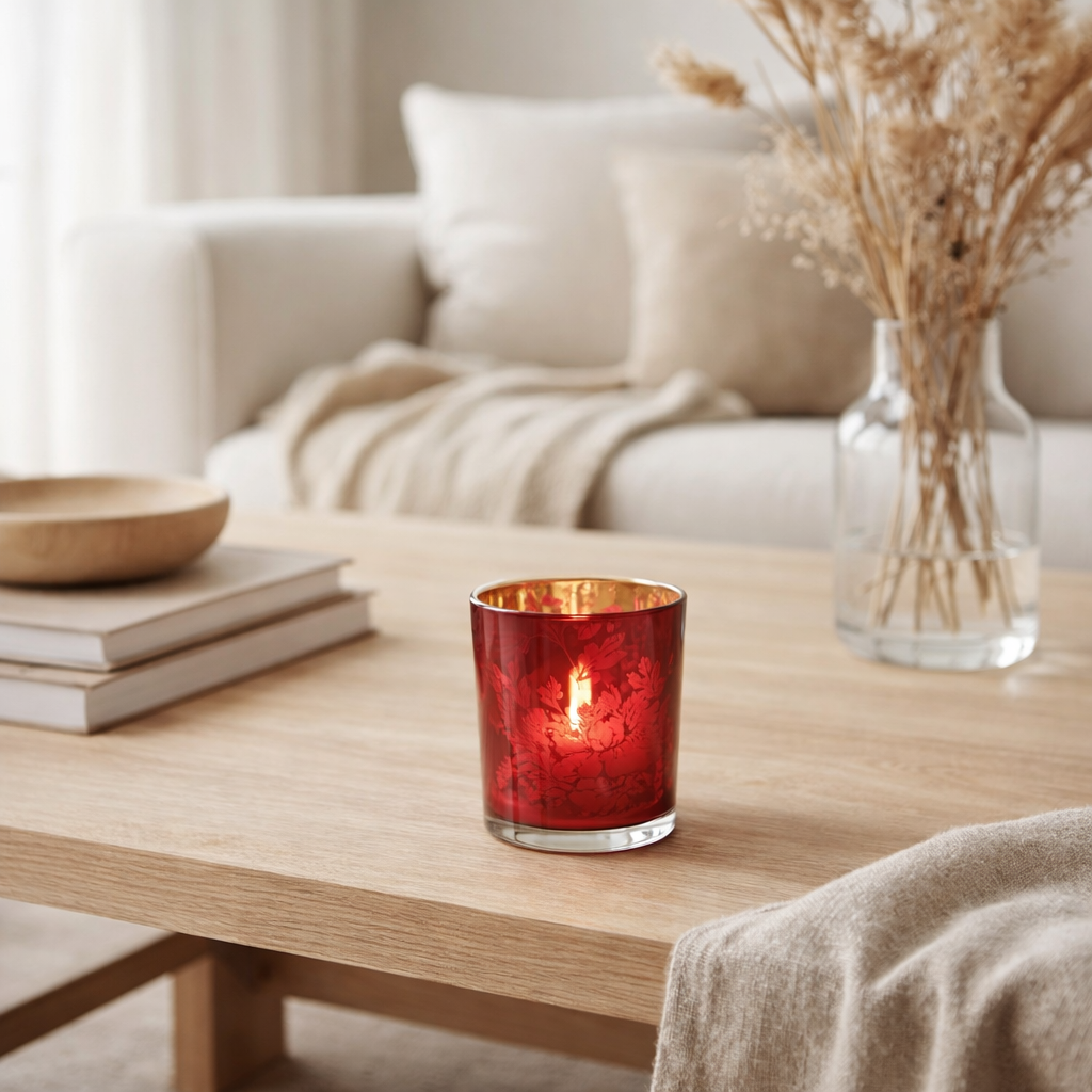 Photophore J-Line Fleurs - verre - rouge - petit en situation