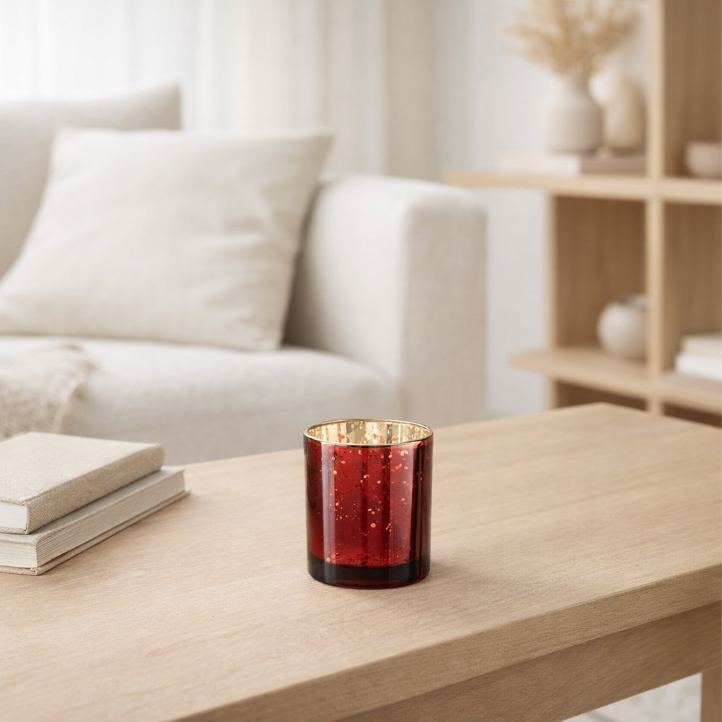 Photophore J-Line Edge - verre - or/rouge - petit en situation