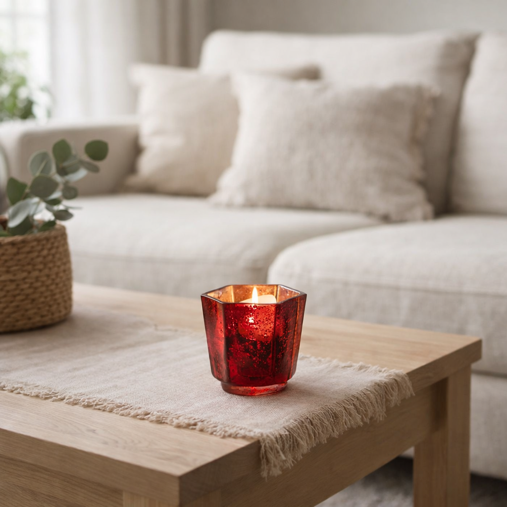 Bougeoir J-Line Heptagon - verre - rouge en situation