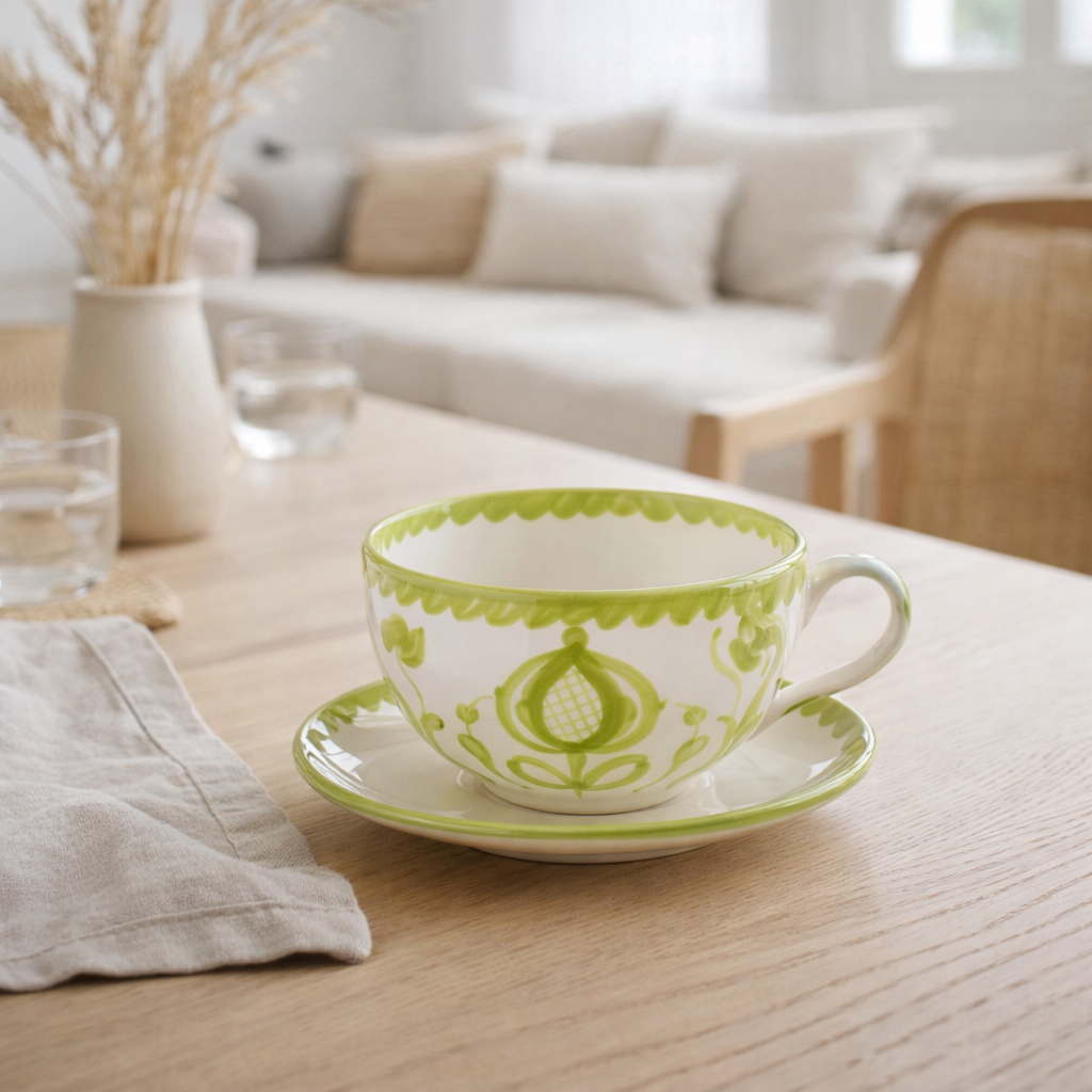 J -line Cup + Saucer Grenade - Céramique - Blanc / vert en situation