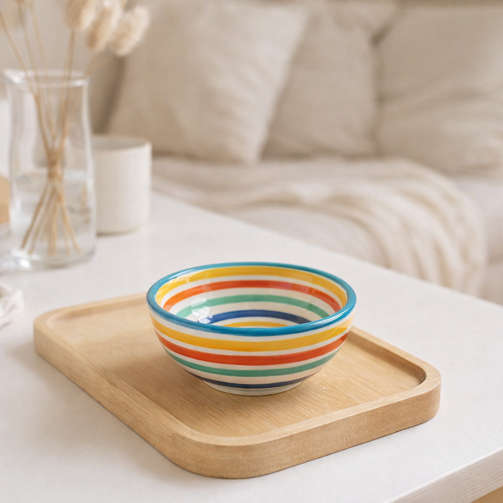 J-Line Kom Granada Stripes Low - Keramiek - Wit / Aqua - Small - Ø 14 cm en situation