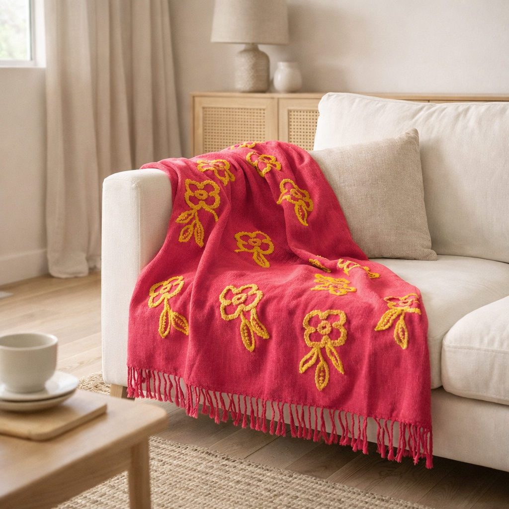 J-Line Plaid Fleurs Coton Rose/Orange/Jaune en situation