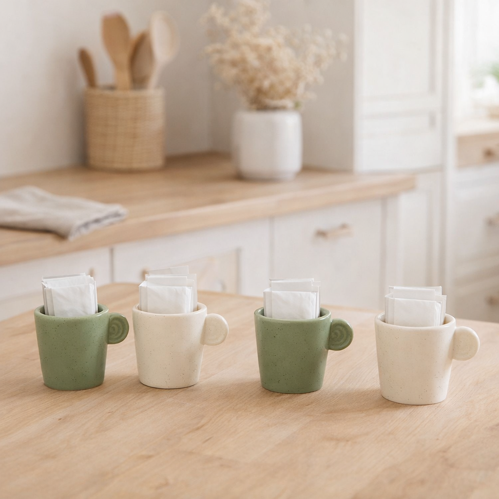 J-Line Boite de 4 Sachets à Café avec Oreille Céramique Vert/Blanc en situation