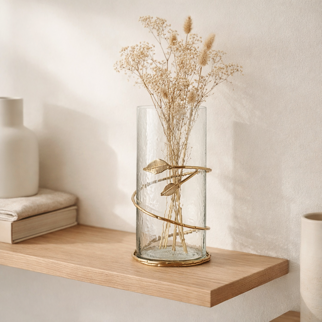 Feuilles de vase J -line - Verre / Fer - Transparent / Gol - 40 cm de haut en situation