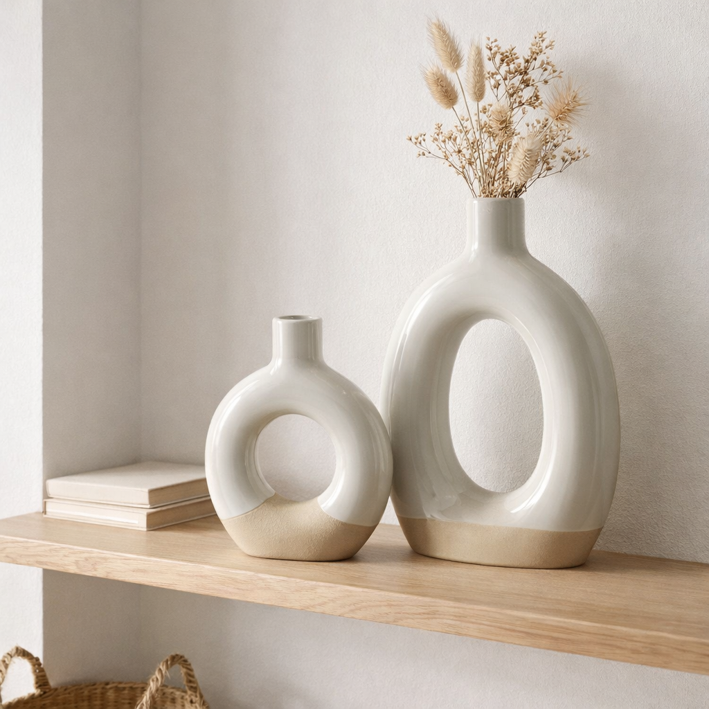 J -line Vase Circle - Poselein - blanc / beige - grand - 25,5 cm de haut en situation
