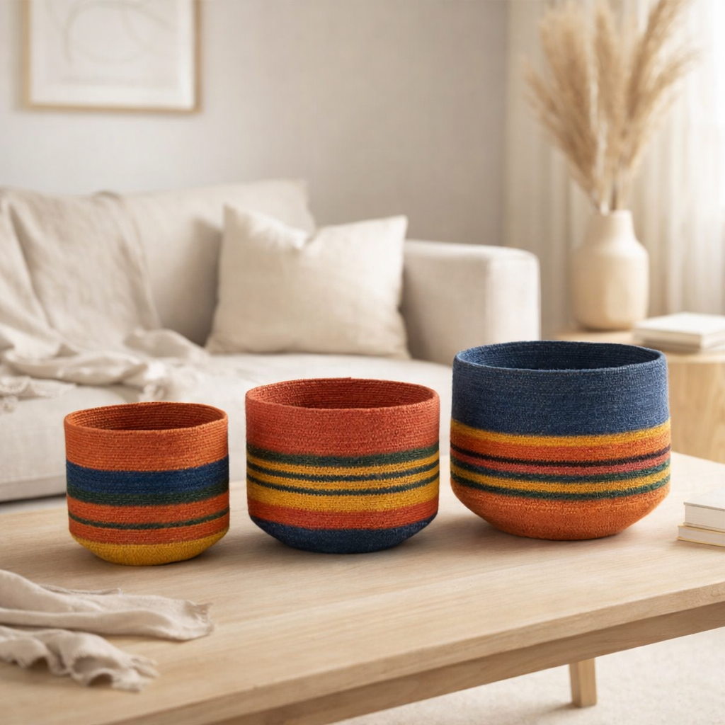 J-Line Lot de 3 Paniers Ronds avec Petit Socle + Rayures Seagrass Mix en situation