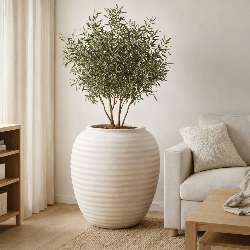 J -line Flowerpot Ovale Terracotta - Céramique - Blanc - Grand - 66 cm de haut en situation