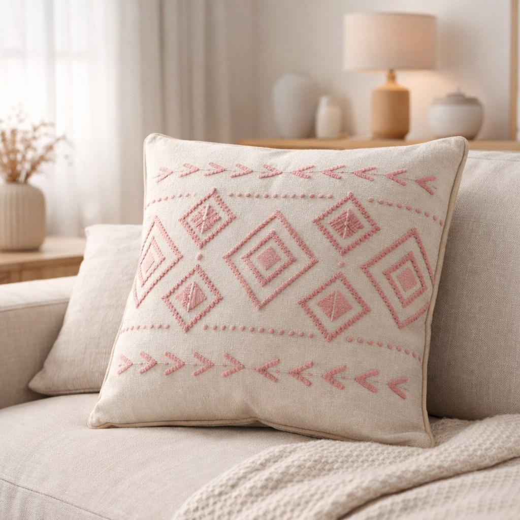 Coussin J-Line Diamants + Flèches - coton - crème/rose en situation