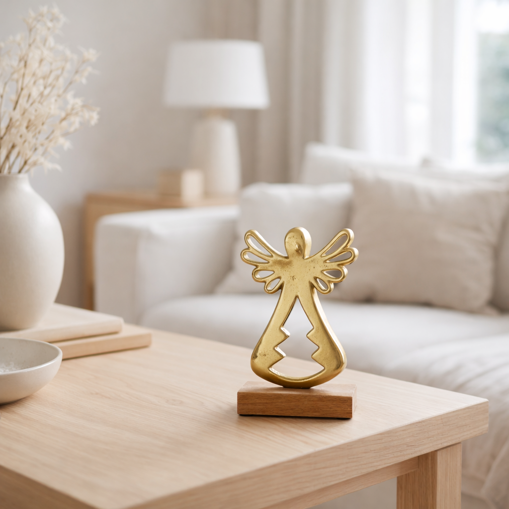 J-Line Ange Sur Pied Aluminium/Bois Or Petit en situation