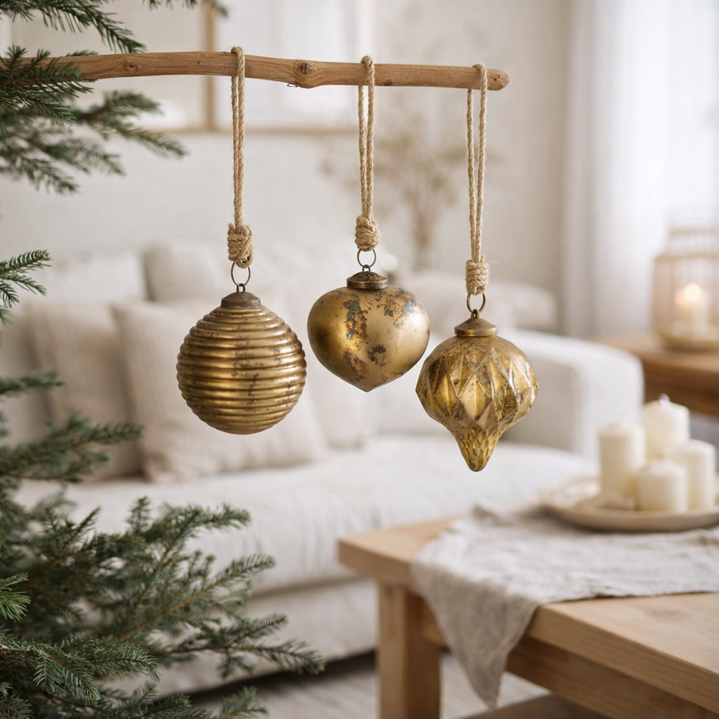 Boule de Noël J-Line Oxydé - verre - or antique - grand - 3 pièces en situation